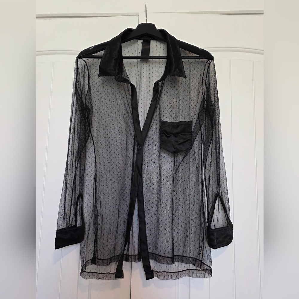 Sheer Black Top with Satin Accent At Collar Pocket And Cuffs - Size Large - Picture 5 of 9